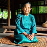 A serene Malaysian senior woman, fully clothed in a modest baju kurung, focused on weaving a traditional 'anyaman mengkuang' (pandan mat) with intricate patterns. She is seated comfortably in a well-lit, peaceful art studio or a traditional kampong house setting, surrounded by natural light. The background shows hints of other traditional crafts. perfect anatomy, correct proportions, natural pose, well-formed hands, proper finger count, natural body proportions, professional photography, high quality, safe for work, appropriate content, fully clothed, family-friendly, vibrant colors, realistic, studio lighting.