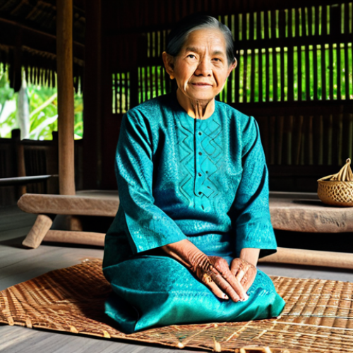 Home 15 A serene Malaysian senior woman, fully clothed in a modest baju kurung, focused on weaving a traditional 'anyaman mengkuang' (pandan mat) with intricate patterns. She is seated comfortably in a well-lit, peaceful art studio or a traditional kampong house setting, surrounded by natural light. The background shows hints of other traditional crafts. perfect anatomy, correct proportions, natural pose, well-formed hands, proper finger count, natural body proportions, professional photography, high quality, safe for work, appropriate content, fully clothed, family-friendly, vibrant colors, realistic, studio lighting.