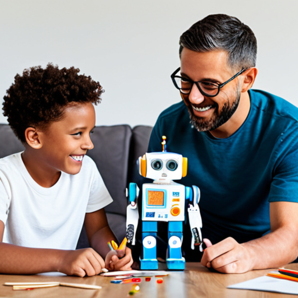 A diverse family, including a mother, father, and two children (approx. 7 and 10 years old), are joyfully collaborating on a DIY educational robot project in a bright, clean living room. They are fully clothed in modest casual attire. The robot is being constructed from various recycled materials like cardboard boxes, plastic bottles, and colorful paper, scattered neatly around. The children are cutting and gluing, while the parents offer gentle guidance. The atmosphere is warm and engaging, showing teamwork and shared creativity. This is a family-friendly scene, safe for work, and appropriate content.
    *   Quality markers: perfect anatomy, correct proportions, natural pose, well-formed hands, proper finger count, natural body proportions, professional studio lighting, high-quality, sharp focus, vibrant colors, detailed textures.