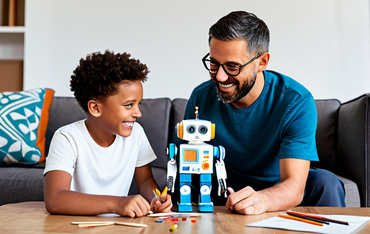 A diverse family, including a mother, father, and two children (approx. 7 and 10 years old), are joyfully collaborating on a DIY educational robot project in a bright, clean living room. They are fully clothed in modest casual attire. The robot is being constructed from various recycled materials like cardboard boxes, plastic bottles, and colorful paper, scattered neatly around. The children are cutting and gluing, while the parents offer gentle guidance. The atmosphere is warm and engaging, showing teamwork and shared creativity. This is a family-friendly scene, safe for work, and appropriate content.
* Quality markers: perfect anatomy, correct proportions, natural pose, well-formed hands, proper finger count, natural body proportions, professional studio lighting, high-quality, sharp focus, vibrant colors, detailed textures.