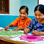 A diverse group of Malaysian children, approximately 8-12 years old, engaged in a vibrant batik painting workshop. They are meticulously applying wax with a canting tool and vibrant dyes onto fabric, their faces showing focus and curious delight. They are fully clothed in modest, comfortable, and appropriate attire, some wearing simple traditional Malaysian elements like a baju kurung or baju Melayu top. The setting is a well-lit, clean art studio or community center with work tables, various batik tools, and colorful dyes. Perfect anatomy, correct proportions, natural pose, well-formed hands, proper finger count, natural body proportions, professional photography, high quality, vibrant colors, clear focus, safe for work, appropriate content, fully clothed, modest clothing, family-friendly.