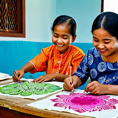 Home 7 A diverse group of Malaysian children, approximately 8-12 years old, engaged in a vibrant batik painting workshop. They are meticulously applying wax with a canting tool and vibrant dyes onto fabric, their faces showing focus and curious delight. They are fully clothed in modest, comfortable, and appropriate attire, some wearing simple traditional Malaysian elements like a baju kurung or baju Melayu top. The setting is a well-lit, clean art studio or community center with work tables, various batik tools, and colorful dyes. Perfect anatomy, correct proportions, natural pose, well-formed hands, proper finger count, natural body proportions, professional photography, high quality, vibrant colors, clear focus, safe for work, appropriate content, fully clothed, modest clothing, family-friendly.
