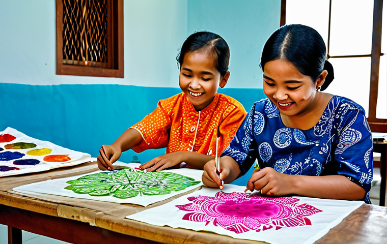 A diverse group of Malaysian children, approximately 8-12 years old, engaged in a vibrant batik painting workshop. They are meticulously applying wax with a canting tool and vibrant dyes onto fabric, their faces showing focus and curious delight. They are fully clothed in modest, comfortable, and appropriate attire, some wearing simple traditional Malaysian elements like a baju kurung or baju Melayu top. The setting is a well-lit, clean art studio or community center with work tables, various batik tools, and colorful dyes. Perfect anatomy, correct proportions, natural pose, well-formed hands, proper finger count, natural body proportions, professional photography, high quality, vibrant colors, clear focus, safe for work, appropriate content, fully clothed, modest clothing, family-friendly.